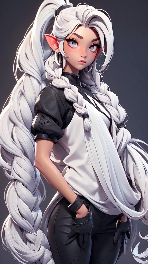 Millicent is a 21 year old young woman...., Tall and fit physique. He has light skin and gray eyes with small pupils..... Long wavy white hair braided in a high ponytail with many small braids... It has long and pointed ears.. Described as an incredibly beautiful girl... Prefers to wear black clothes.., gray and white colors. 8k.