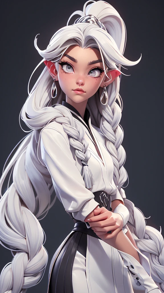Millicent is a 21 year old young woman...., Tall and fit physique. He has light skin and gray eyes with small pupils..... Long wavy white hair braided in a high ponytail with many small braids... It has long and pointed ears.. Described as an incredibly beautiful girl... Prefers to wear black clothes.., gray and white colors. 8k.