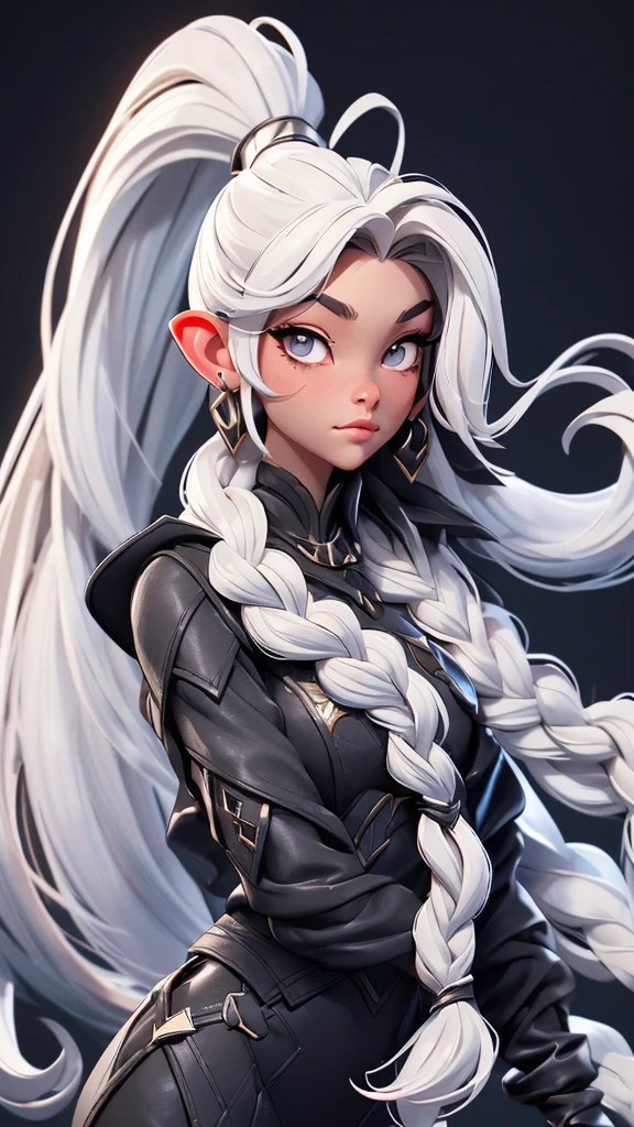 Millicent is a 21 year old young woman...., Tall and fit physique. He has light skin and gray eyes with small pupils..... Long wavy white hair braided in a high ponytail with many small braids... It has long and pointed ears.. Described as an incredibly beautiful girl... Prefers to wear black clothes.., gray and white colors. 8k.