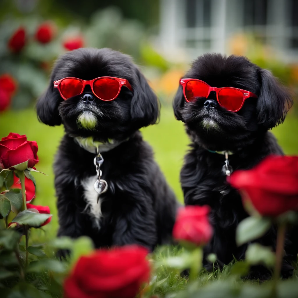 Two small black shih tzus wearing red sunglasses playing with sprinklers red roses in background