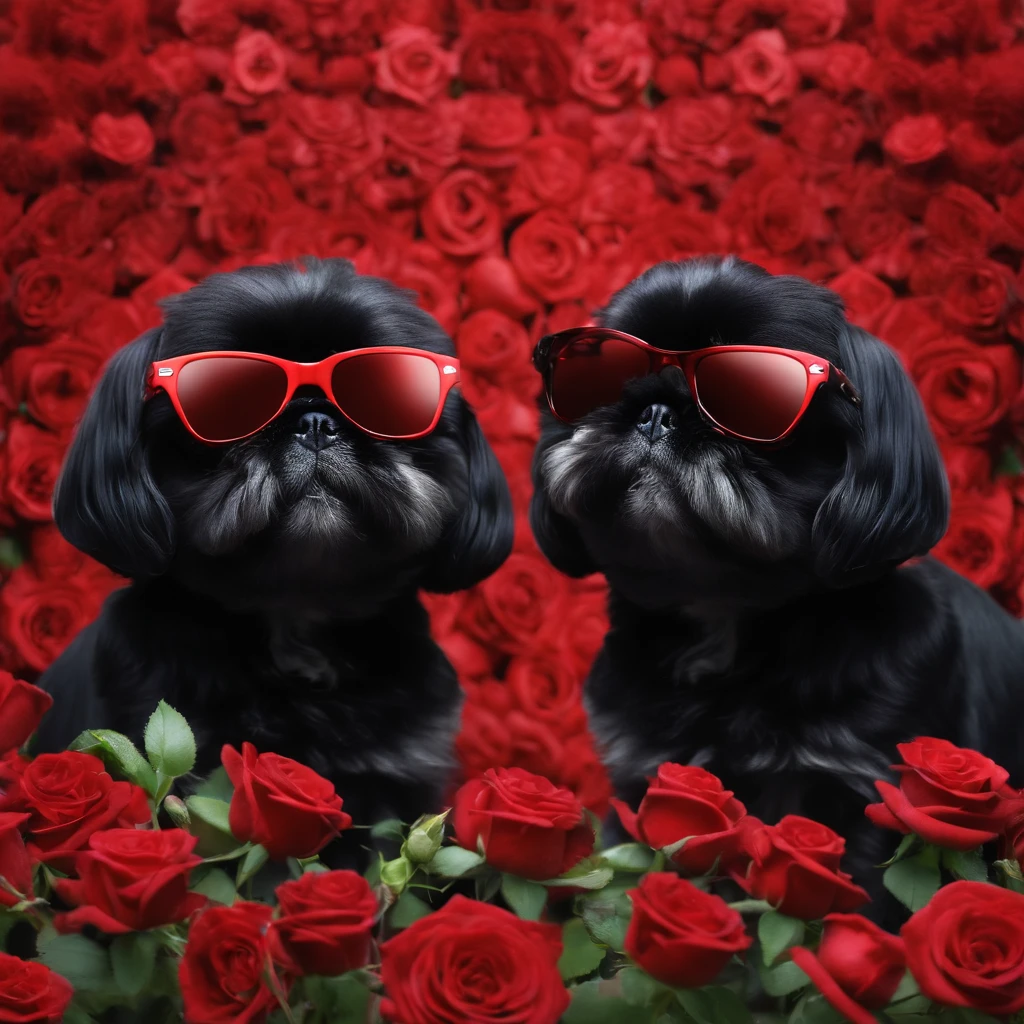 Two small black shih tzus wearing red sunglasses playing with sprinklers red roses in background
