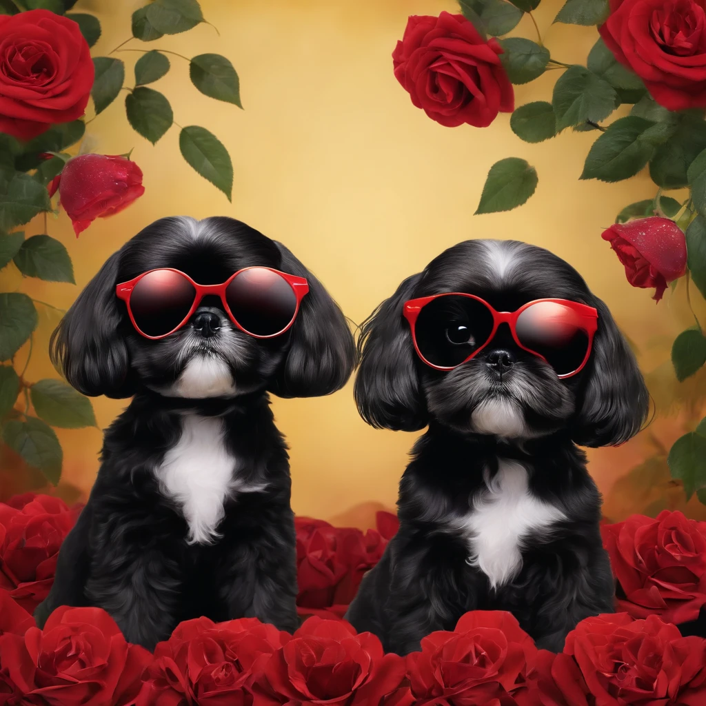 Two small black shih tzus wearing red sunglasses playing with sprinklers red roses in background
