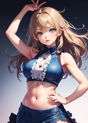 masterpiece、highest quality、High resolution、Anime Women、solo、blue bow、Blue bra、Blue Panties、Big Breasts、cleavage、woman with very large breasts、collarbone、Bare shoulders、Bare Arms、Hair Bun、bra with an blue、panty with an blue、Upper Body、blue bra with a yellow lace trim and blue panty with a yellow bow、Cowboy Shot、looking at viewer、Are standing、