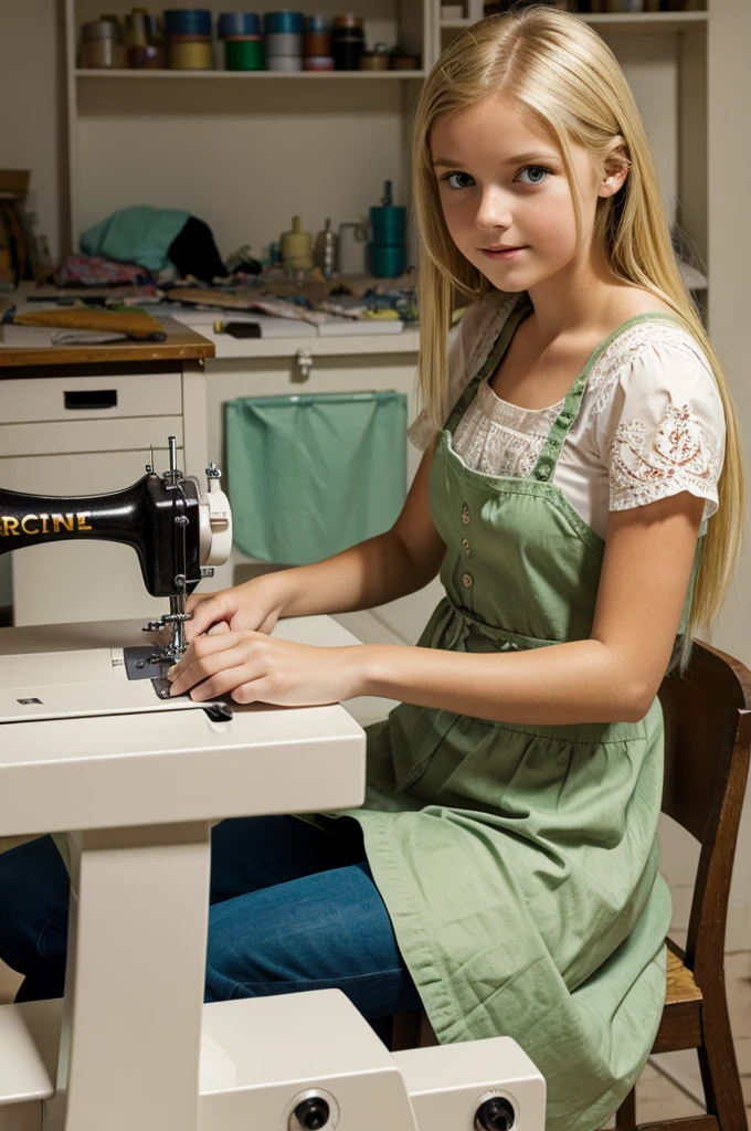 young girl, Dressmaker, sitting at her sewing machine, sewing, is in his studio, it has a nice background, She is blonde and has green eyes