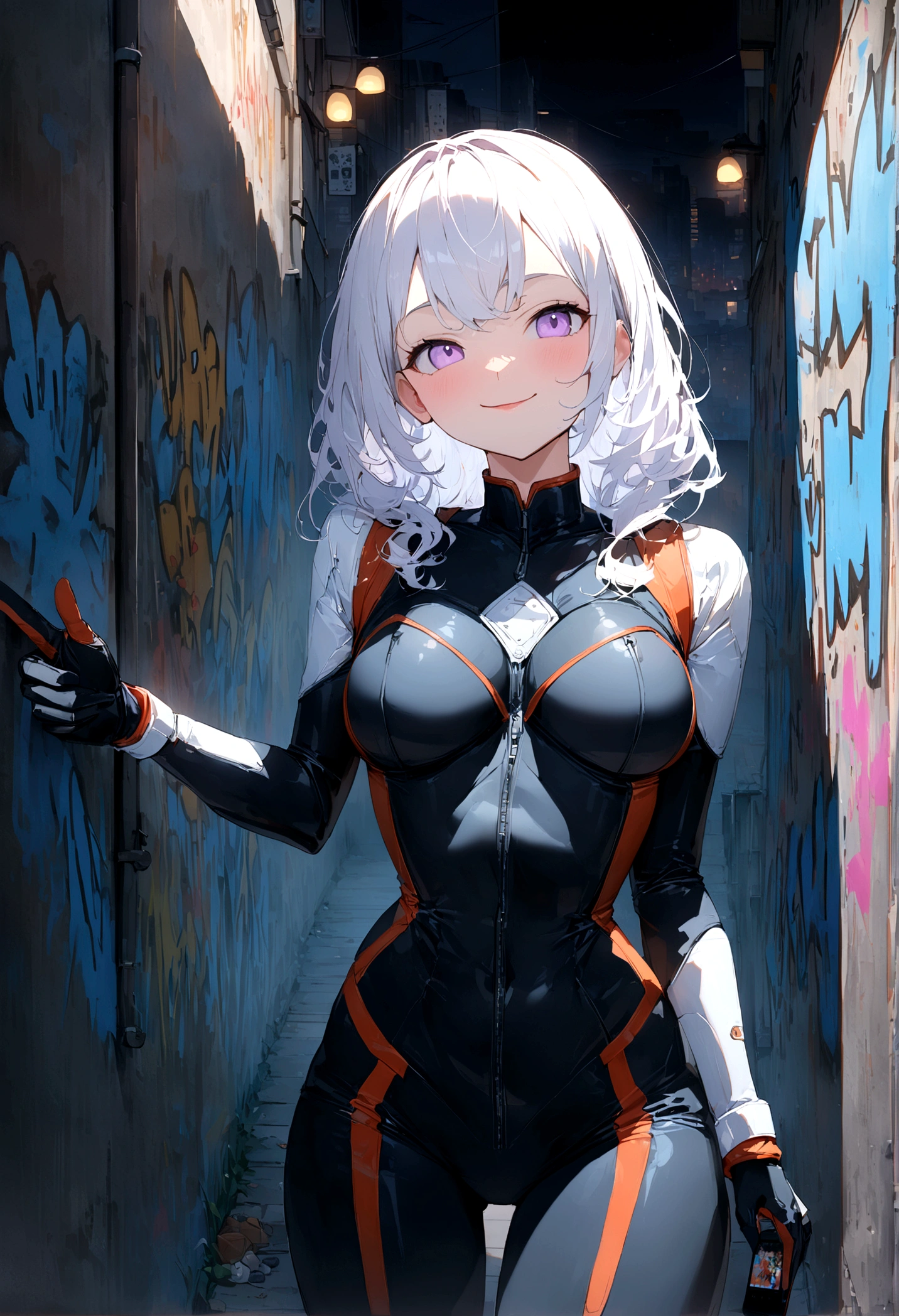 最high quality、Better image quality、Masterpiece、adolescent((18 years、 becoming、vest bust、medium bust,wide open chest tea、lilac eye, Lilac and white hair、Habitual hair、wide、Delgado,highest valley、Have a smartphone、smug face、peace sign、smart跡、anime type suit My hero Academy )),high quality、Beautiful art、bottom((city at night、wall、graffiti、smart))debris flies、Depth of written limit、Movie、Visual art、perfect art、8k,Genuine
