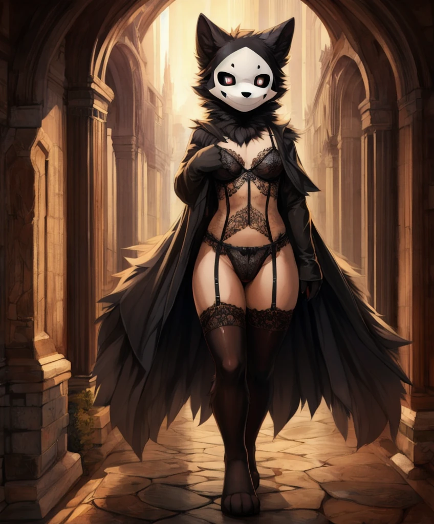 Kid, by reysi, by hioshiru, by zackary911, by darkgem, masterpiece, portrait, soft lighting , (fluffy fur:1.1), slim, male, puro, black fur, white mask, white eyes, black sclera , looking at viewer, detailed background, full body image, wearing clothes/lingerie, wearing white lace lingerie