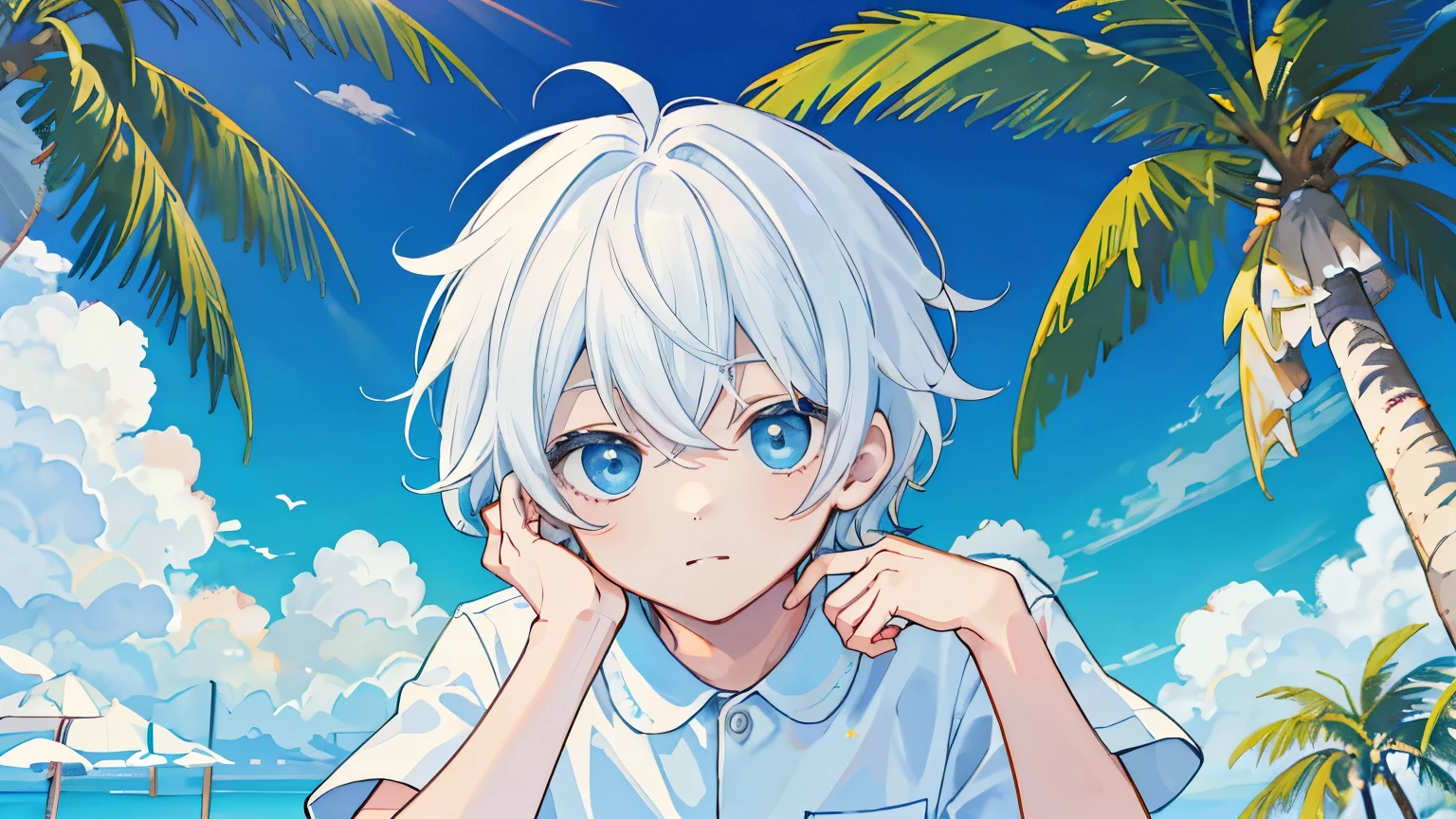 ((Best quality)), ((masterpiece)), (detailed), perfect face, Cute boy, Shy, s, shirtless, in short white tight swimming trunks, lowered, White hair and blue eyes, thin, hands up. PIXIV Winner, best quality 4k 