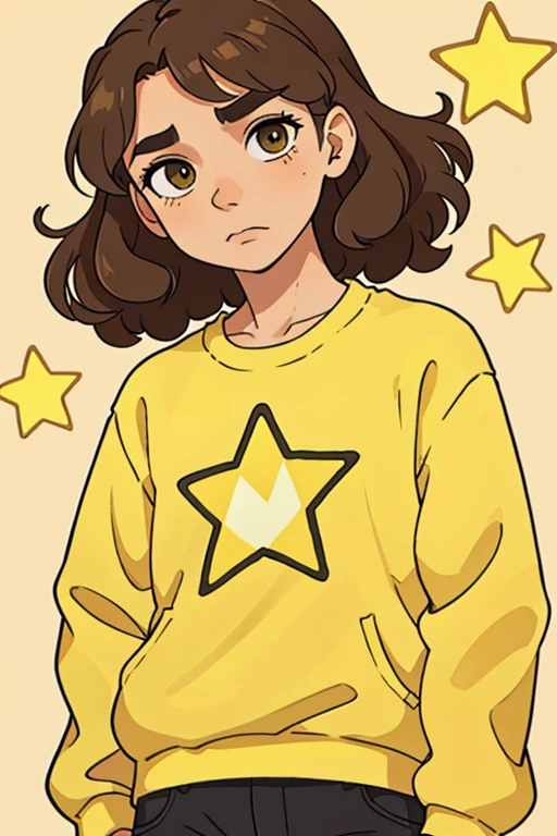 The best quality ,broad ,gather, A light skinned boy.., Brown eyes, light brown hair defined curls and wearing a yellow sweater, He has a star sticker on his cheekbone.