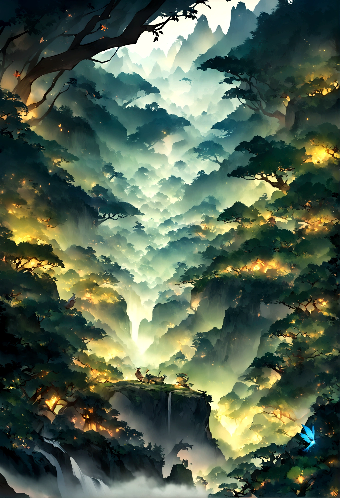 ((Small exotic beast running in the mountains))。Lots of glowing plants，Mysterious forest，Bird，Fog was raging，Star bright，Mysterious and dreamy，Chinese style，Immortal World，Xianxia World，((nobody))