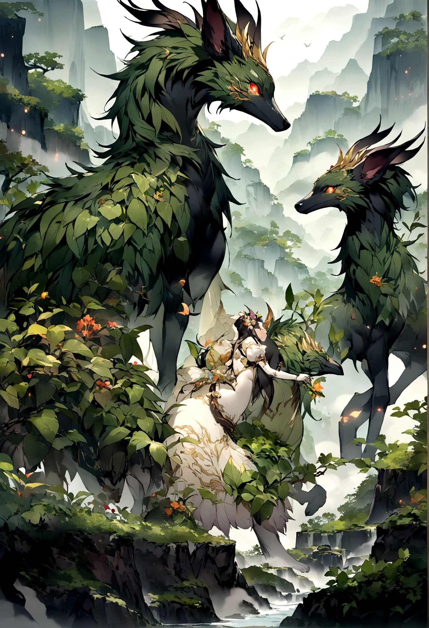 ((Small exotic beast running in the mountains))。Lots of glowing plants，Mysterious forest，Bird，Fog was raging，Star bright，Mysterious and dreamy，Chinese style，Immortal World，Xianxia World，((nobody))