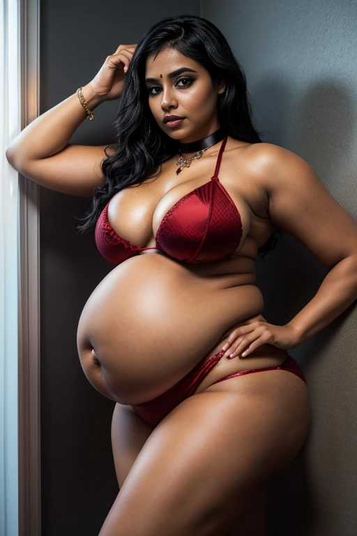 gorgeous beautiful 20 years old south indian girl black hair, pregnant belly, wearing red bra and red bottom bikini, chubby, black fishnet stockings, normal bust, locks eyes into the camera, symmetrical eyes, symmetrical face, photorealistic, photography, path tracing, specular lighting, volumetric face light, path traced hair, visible shadows, intricate, elaborate, curvy body, plump body, huge big ass, thick body, curvy body type, voluptuous body type, busty body type, thick body type, big chest, big, piercing nose, black e girl emo makeup, drooling, black eyelinner, wet body, black choker collar