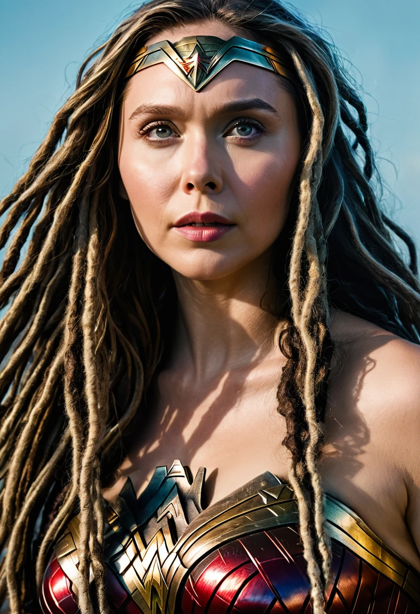 In extreme close-up Elizabeth Olsen under the mantle of the Amazon warrior (((Wonder woman)),((dreadlocks))) surreal and cinematographic images Color Splash images f(((Traje actual Wonder woman))),(((Diaema Wonder woman)))