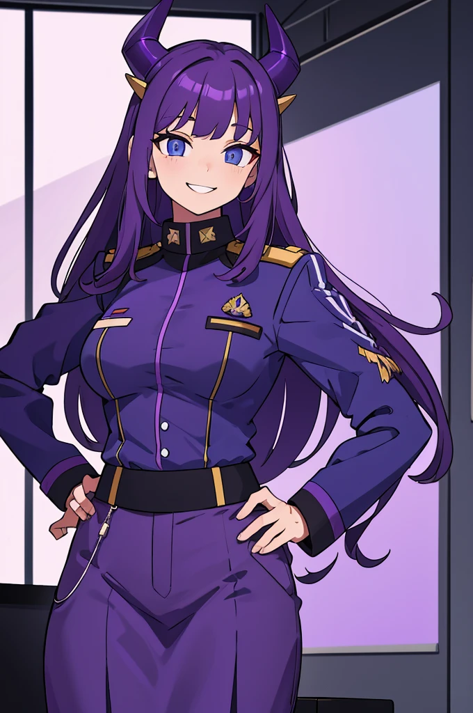tall girl, PURPLE HAIR, horns on the head, blue eyes, purple military uniform, closed military jacket, office pants with skirt, smiling