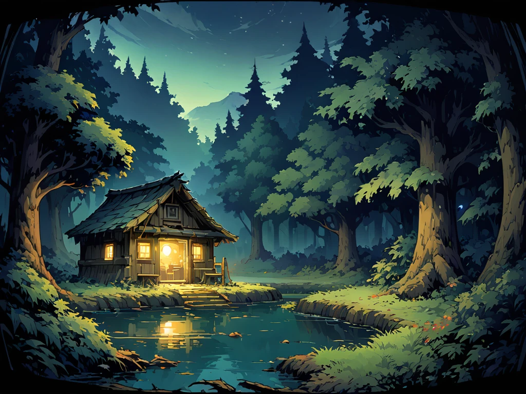 forest,forest被神秘的微光笼罩,forest有一个湖,The lake is surrounded by bushes and trees,There is a dilapidated cabin。night,Night view。Mid-ground composition,Panorama pictures,Scene screen,Game concept art style,Anime illustration style,HD,4K。