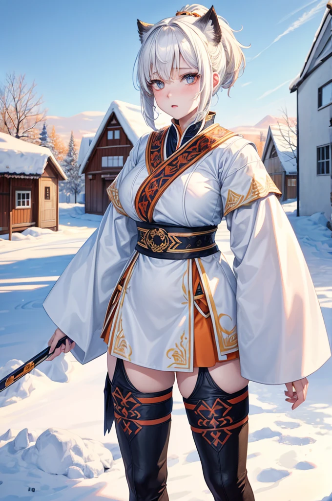 short white hair with white wolf ears, she has a short braided ponytail. She is wearing traditional finnish folk clothes from finland, its like sami clothing. She has a large greatsword on her with her and she is wearing long leather boots. Her body is muscular and strong, wide hips and thick thighs. Now the sun is setting and its time to go home to a snowy village. She has orange eyes, her both eyes are orange.