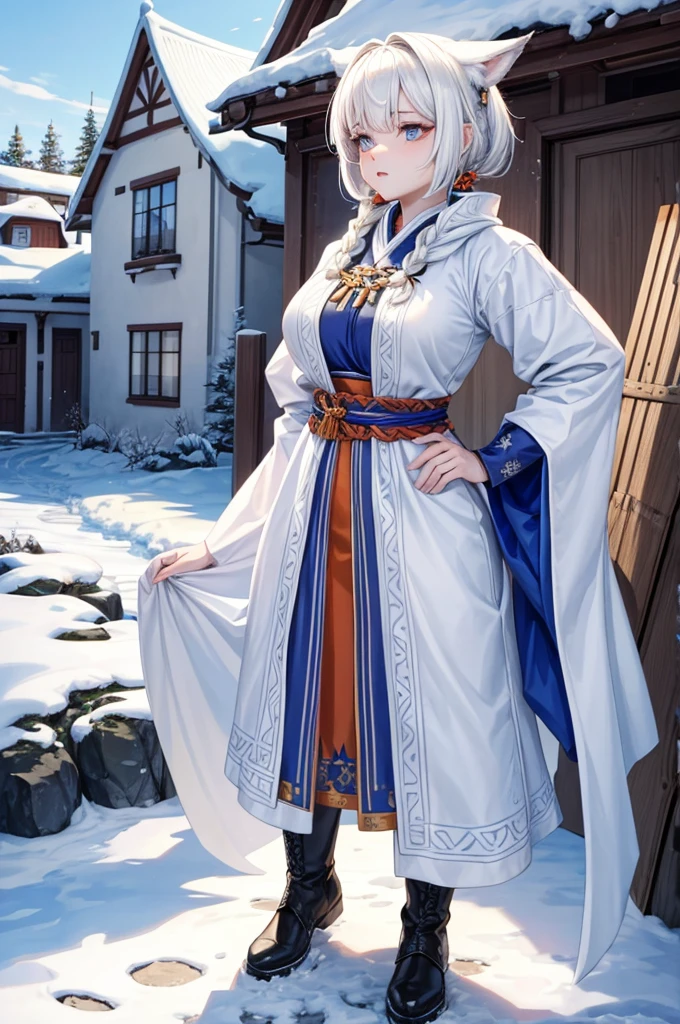 short white hair with white wolf ears, she has a short braided ponytail. She is wearing traditional finnish folk clothes from finland, its like sami clothing. She has a large greatsword on her with her and she is wearing long leather boots. Her body is muscular and strong, wide hips and thick thighs. Now the sun is setting and its time to go home to a snowy village. She has orange eyes, her both eyes are orange.