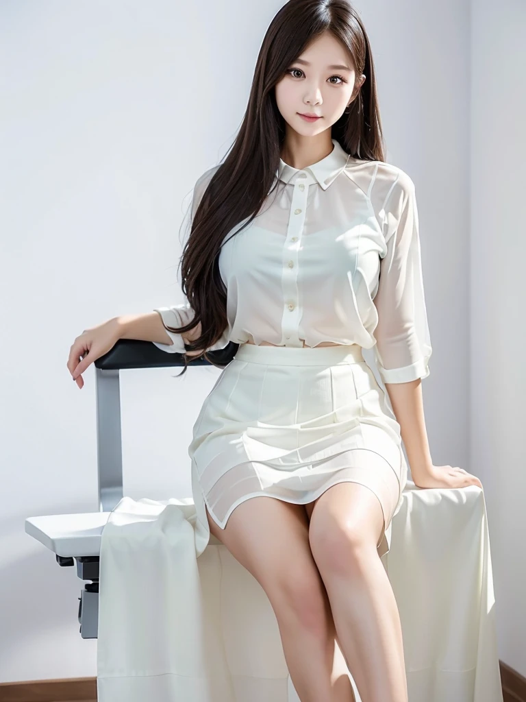 office、White Wallpaper、Sit on a chair、Sheer blouse、Black maxi skirt 、(Highest quality)、、((Very detailed))、4K、(8K)、Highest quality、One person、Kind Face、Soft Light、Raw quality、Soft Skin、Heel、Thighs、163cm