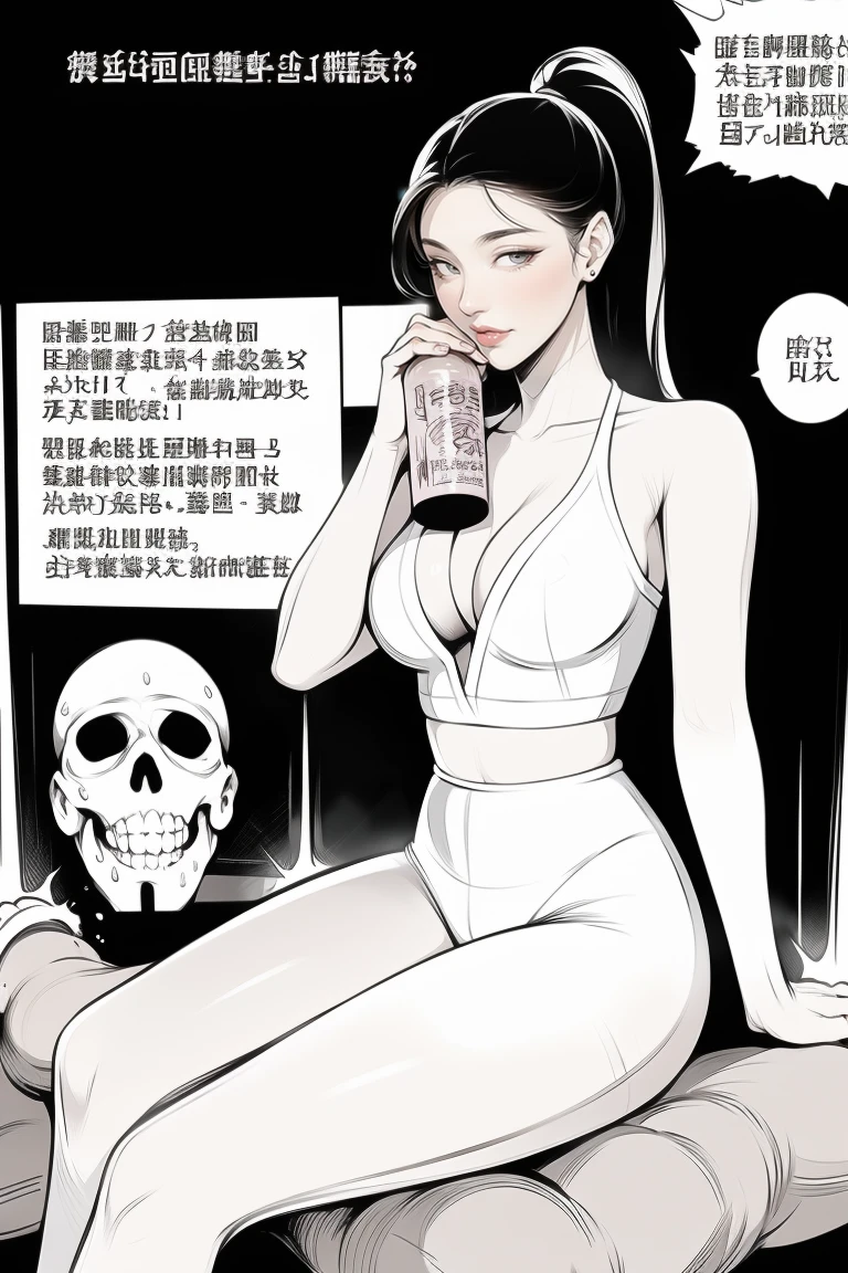 The beautiful girl in lace top and leggings is sitting astride a pile of skeletons in the center of the picture. She is holding a trembling sausage with juice squeezed out in her hand and smiling. There are multiple comic storyboards in the background,cbt, sausage bondage,sausage insertion,Sexy, trampling sausage with high heels heel,(masterpiece, best quality:1.2),1 beautiful girl,sexy,comic storyboard:2, leggings, sit astride, axially symmetrical:2, ,femdom,sounding,cbt,hold,smile,colorful,leggings,thin gap,cameltoe,insertion,trembling,juice,spray, Long hair,Lace top,Sexy, Shiny leggings, High heel,cleveage, trampling, in forest, saliva , Mucus,