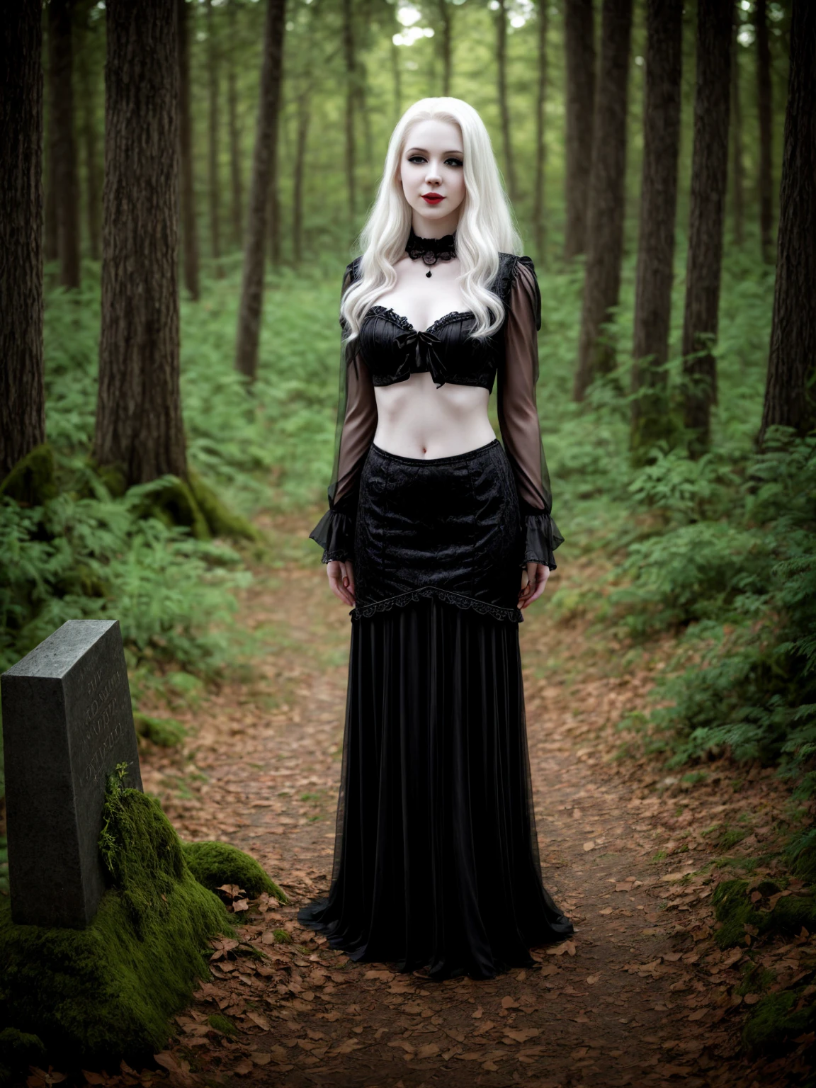 female sexy vampire|albino, pale porcelain skin, sexy vintage black dress, smile, shallow depth of field, grin|creepy, nightfall, detailed face, night, wide hips, narrow waist, portrait of woman standing, detailed eyes, portrait of woman standing, 8k RAW photo, highest quality, looking at the viewer, best shadow, intricate details, long hair, bright eyes, forest, grave, gothic, goth detailed, highres, high qualilty, high saturation