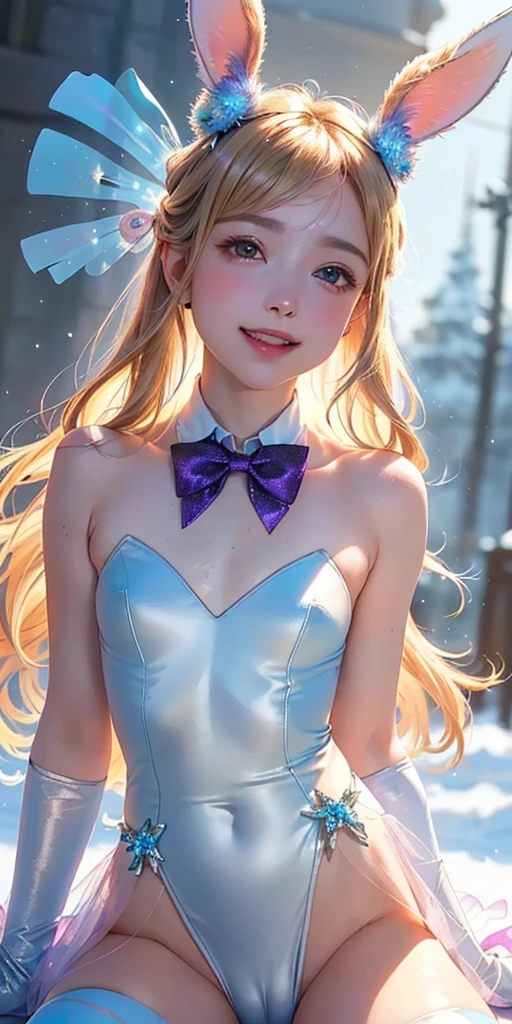 masterpiece, best quality, extremely detailed CG unity 8k wallpaper,((Upper Body)) ,((Upper Body head close-up shot of a beautiful )), , Elegant Long straight blonde hair, (Mckenna Grace), ((flat chest,thighs,Autoluminescence skin)), (Purple-blue) golden (Glittering tutu,long Bunny Ear Headgear, , Bow-tie, No panties, genitals visible), ((spread legs)),(), (Blush), , (seductive smile), (A world of ice and snow), pretty face, key art, award winning, intricate detail realism hdr, by (ruan jia and artgerm and range murata), Photorealism, Hyperrealism, ultra realistic, dramatic light, intense shadows, gorgeous view, depth of field