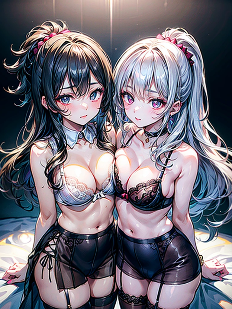 (Best quality, 8k, 32k, Masterpiece, UHD,:1.2),RAW, human, ((2girls)),ultra cute , ultra cute, natural lighting,transparent shining eyes, 20yo,Medium breast ,femur, fair complexion , flushed face, ,breast, embarrassed, ,from above , ultra cute, lace bra with matching high-waisted panties,Lace garter belt with sheer stockings, Cowboy shot, wedgie, Touching each other