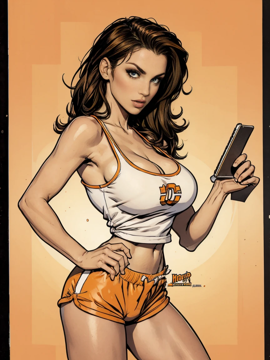Gorgeous and sultry busty athletic (thin) brunette with sharp facial features and a (large nose) wearing a (Hooters uniform), white tank top, "Hooters", orange minishorts, notepad, restaurant