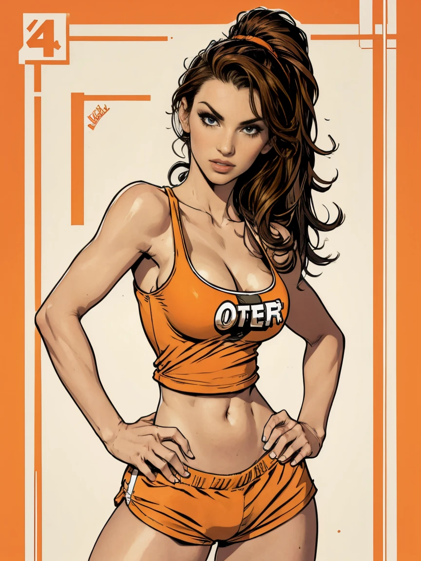 Gorgeous and sultry busty athletic (thin) brunette with sharp facial features and a (large nose) wearing a (Hooters uniform), white tank top, "Hooters", orange minishorts, notepad, restaurant