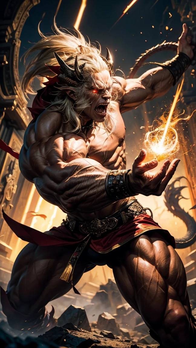 devil , a muscular man dressed in red, platinum blond hair, casting a powerfull spell, dramatic ball lightning between hands, dragon background, ancient chinese temple, highly detailed, photography, ultra sharp, film, bokeh, professional, 64k 