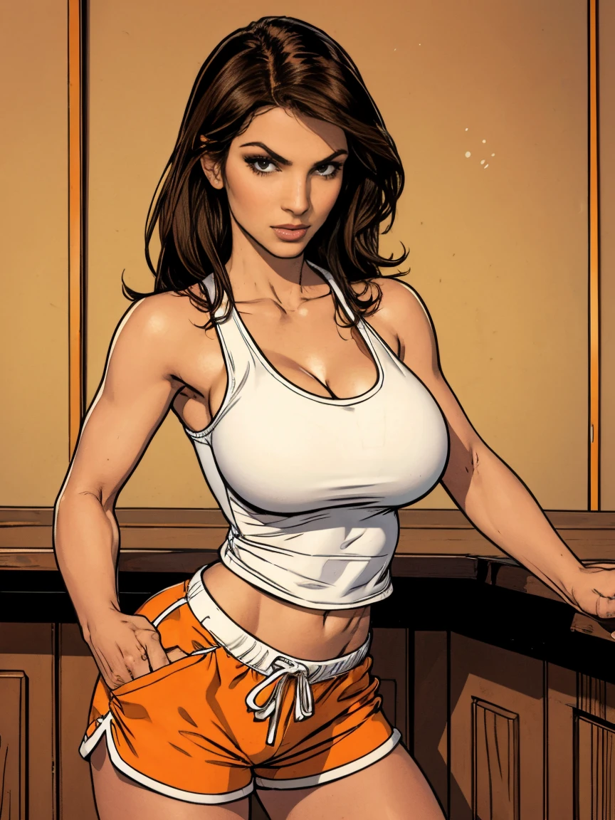 Gorgeous and sultry busty athletic (thin) brunette with sharp facial features and a (large nose) wearing a (Hooters uniform), white tank top, "Hooters", orange minishorts, notepad, restaurant