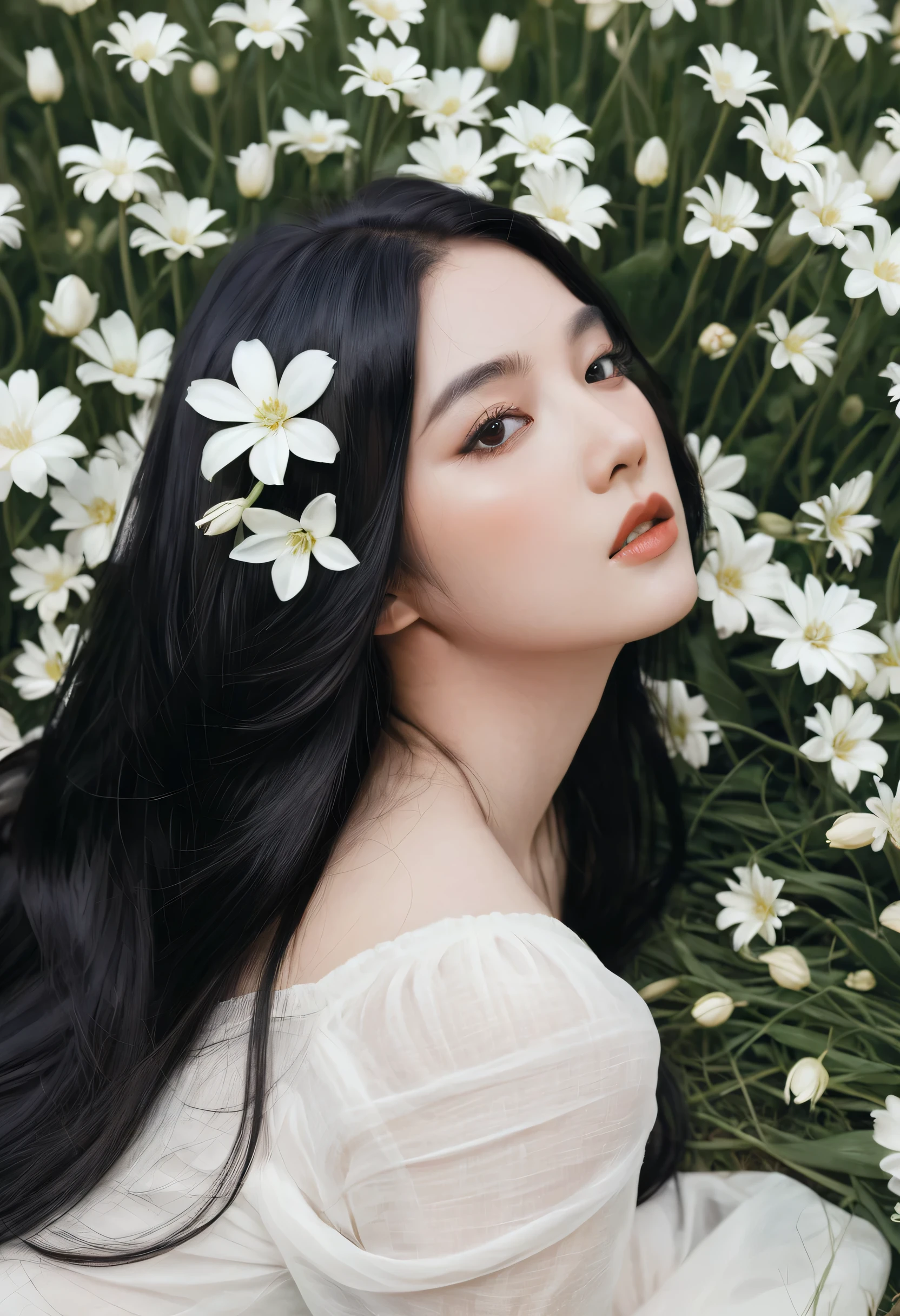 (oil painting:1.5), a woman with long black hair and white flowers in her hair is laying down in a field of white flowers, (amy sol:0.248), (stanley artgerm lau:0.106), (a detailed painting:0.353), (gothic art:0.106)