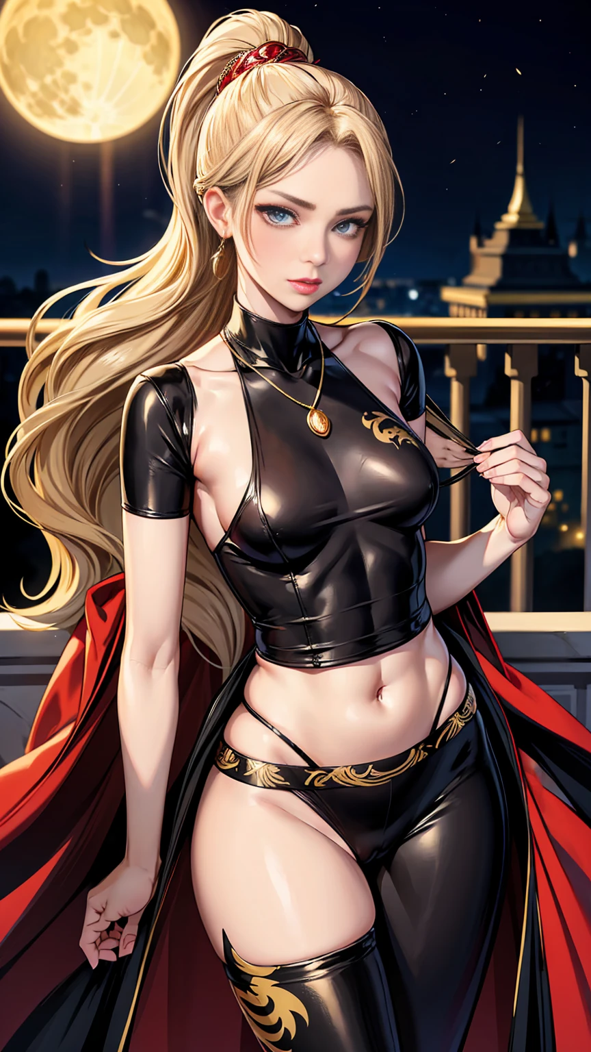 Beautiful woman with long straight ponytail blond hair with blue eyes wearing a Black Tight Leggings With Golden Dragon Prints, a Red Sexy Criss Cross Mock Neck Short Sleeves Suit With Phoenix Prints, luxurious jewelry and a luxurious necklace, 18k gold wedding ring on left hand, standing in a balcony at night of full moon, (caucasian skin), (light brown lipstick), (elegant mascara), (slim body with abs), (small breasts), (wide hips), midjourney, <lora:GoodHands-, <lora:GoodLegs-, UHD, high resolution, (masterpiece:1.9, best quality), (expressive eyes, perfect face, full body, expressive face, perfect body, perfect pussy, athletic, fit, slim body, blushing, Perfect makeup, eyeliner, beautiful eyelashes, smiling, horny face), ((best illumination, best shadows)), ((sexy pose))