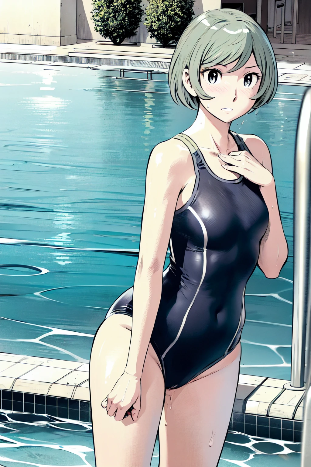 Blue school swimsuit、(masterpiece、Highest quality)、Highest quality, Ultra-high resolution, (((masterpiece))), alone, Sweat、Big eyes, Composition from the front、Shortcuts、Embarrassed face、Blonde、Cut your hair short、School swimming pool、short hair、Pussy Line、Browsing Caution、Butt