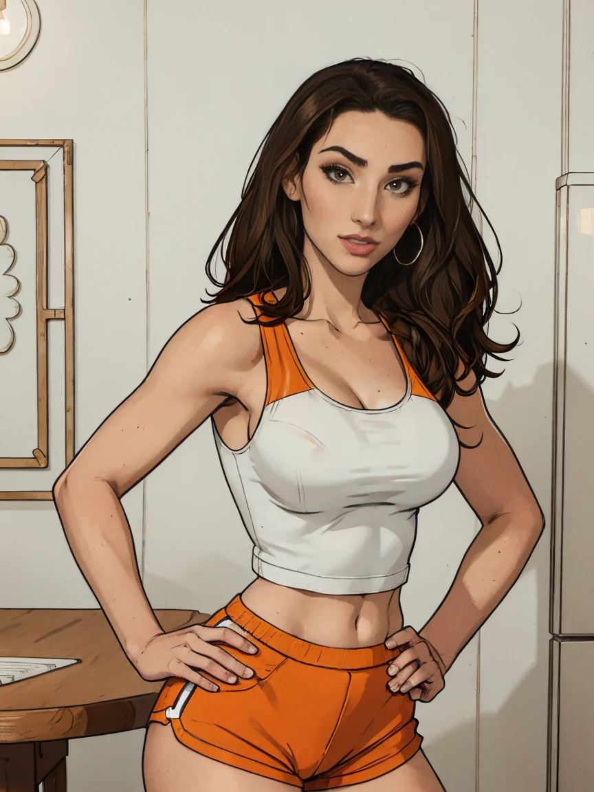 Gorgeous and sultry busty athletic (thin) brunette with sharp facial features and a (large nose) wearing a (Hooters uniform), white tank top, "Hooters", orange minishorts, notepad, restaurant