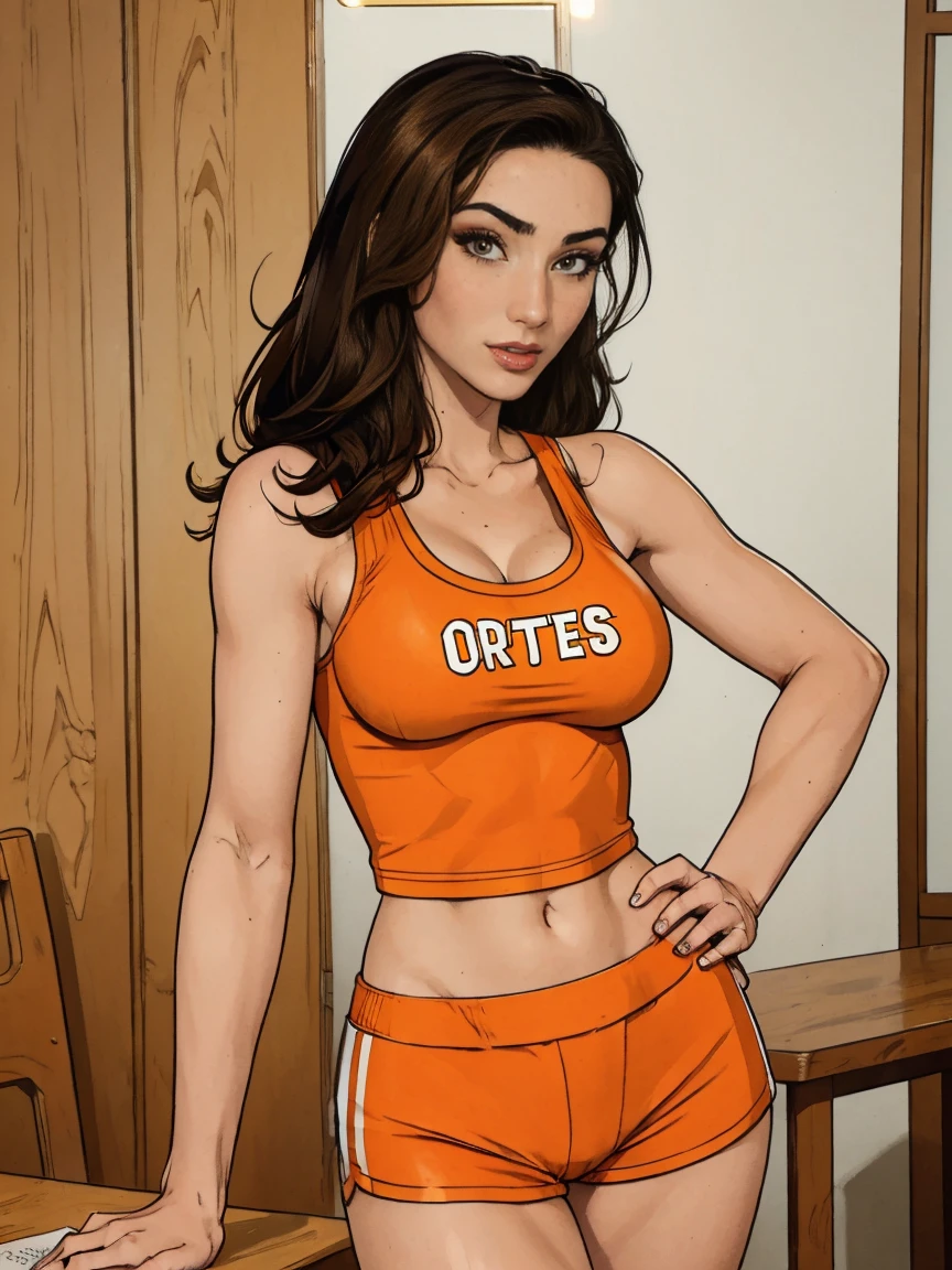 Gorgeous and sultry busty athletic (thin) brunette with sharp facial features and a (large nose) wearing a (Hooters uniform), white tank top, "Hooters", orange minishorts, notepad, restaurant