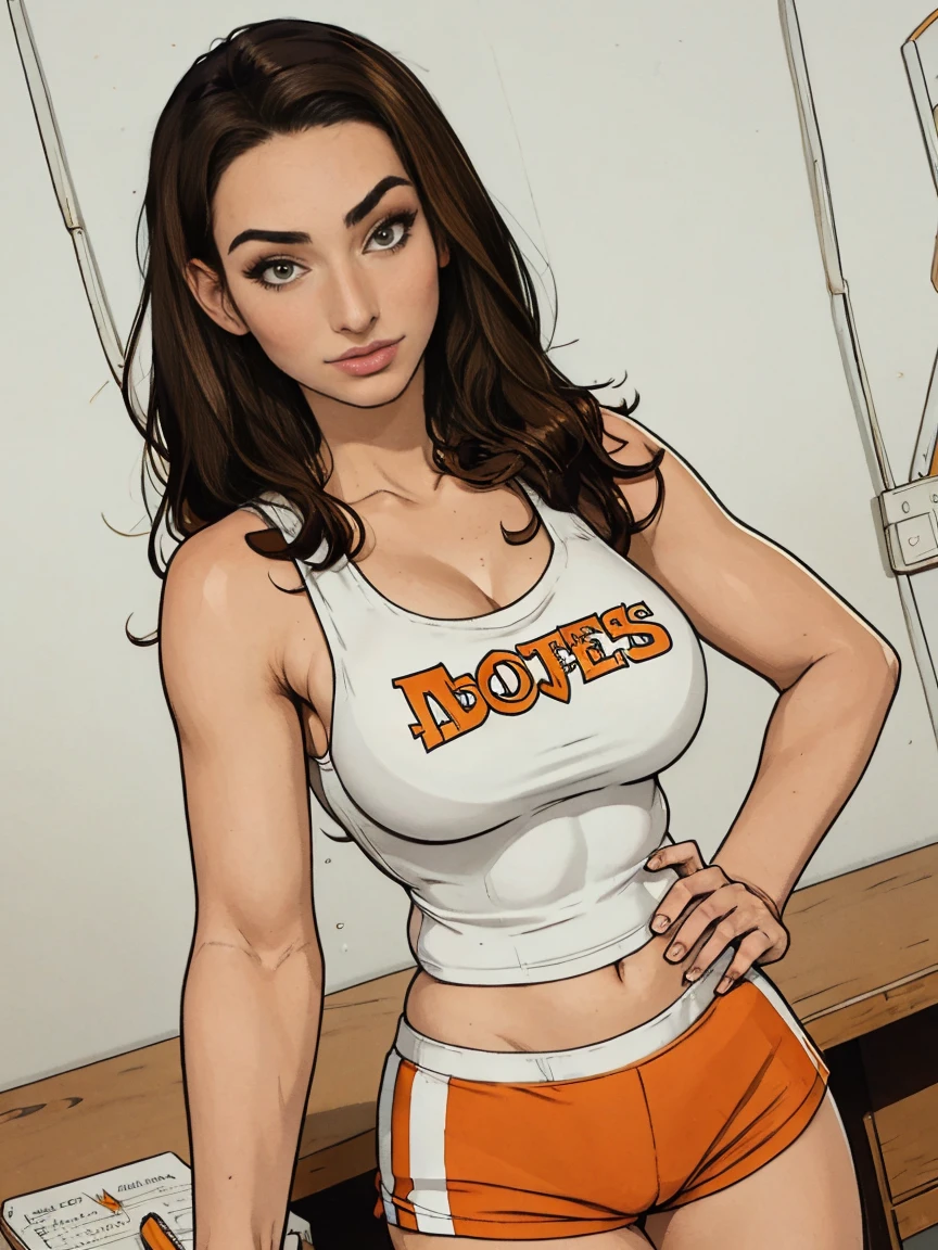 Gorgeous and sultry busty athletic (thin) brunette with sharp facial features and a (large nose) wearing a (Hooters uniform), white tank top, "Hooters", orange minishorts, notepad, restaurant