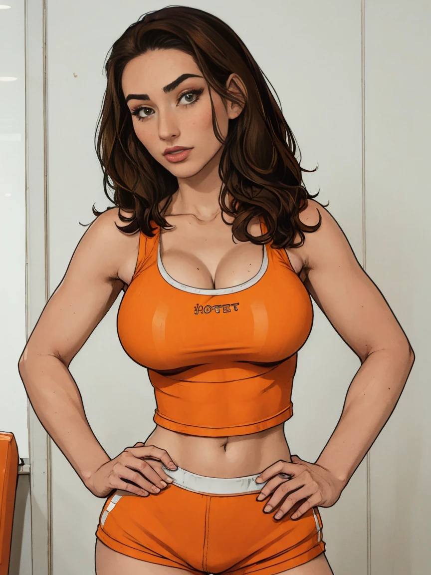 Gorgeous and sultry busty athletic (thin) brunette with sharp facial features and a (large nose) wearing a (Hooters uniform), white tank top, "Hooters", orange minishorts, notepad, restaurant