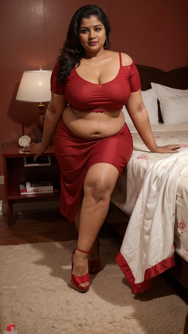 55 yo fat chubby malayalam actress sreeya ramesh, wearing red nighty, red lipstick, high heel shoes, showing cleavages, at bedroom