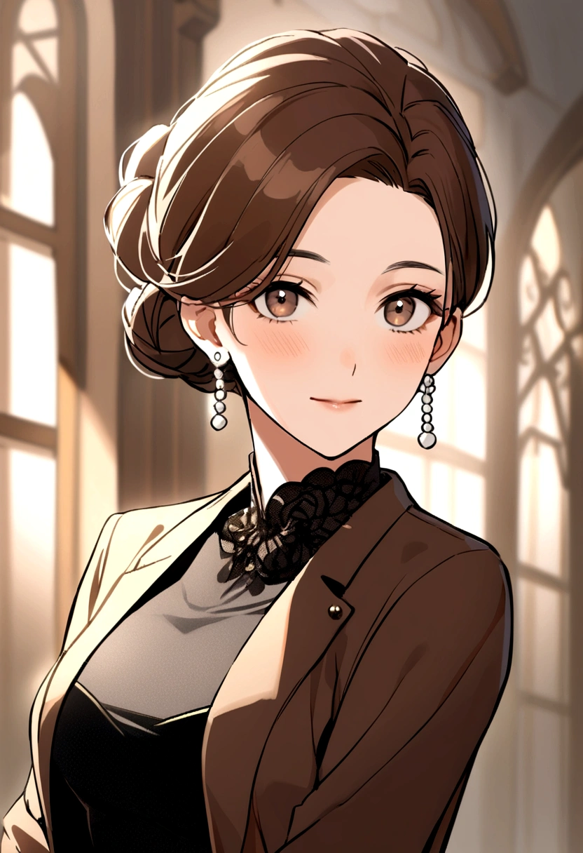 40 year old woman, brown hair, bun, white pearl earrings, black dress, brown short sleeve jacket