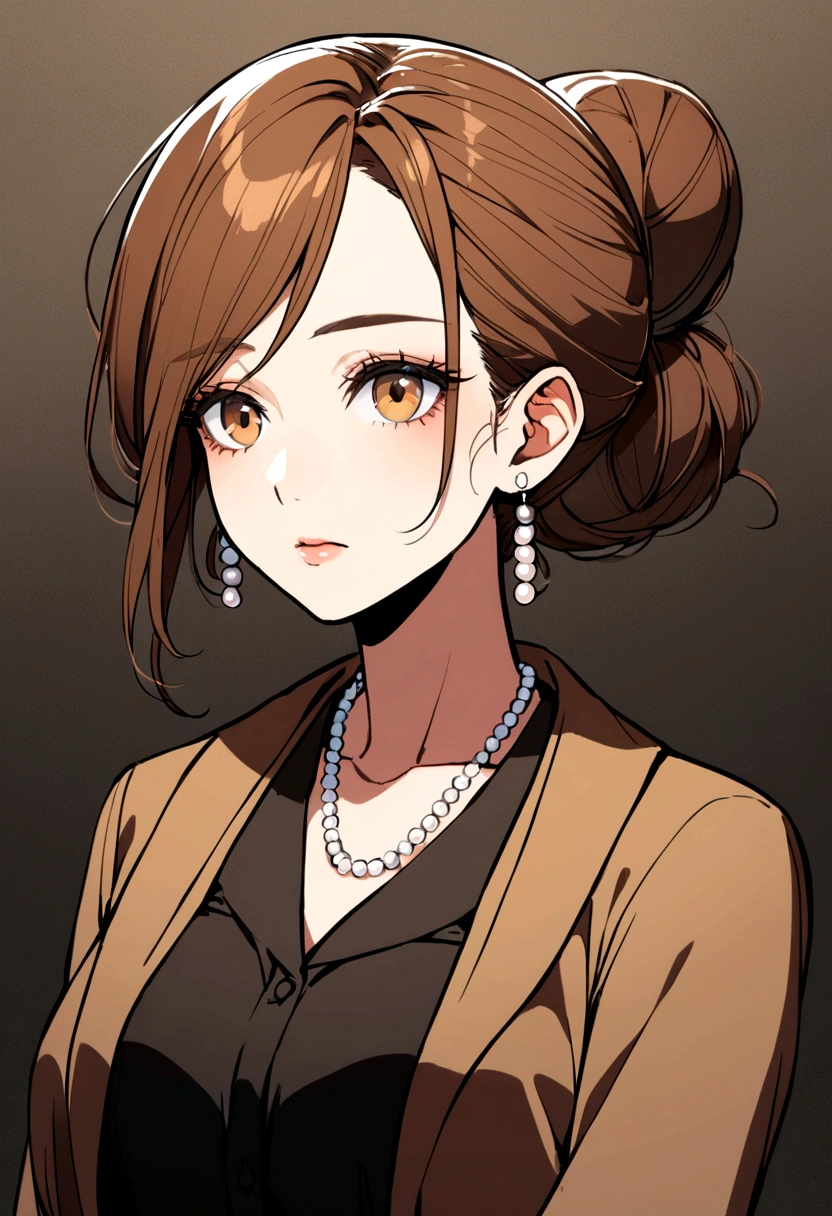 {8k image}, beautiful mature woman (MILF), 31 years old, Brown eyes, big brown hair (Loose-Bun Hairstyle), small breasts, wearing a bathrobe (white), looking at the viewer angrily, face centered forward, focus on the face and chest, {face portrait}, manga art style, lineart, lineart with fine lines
