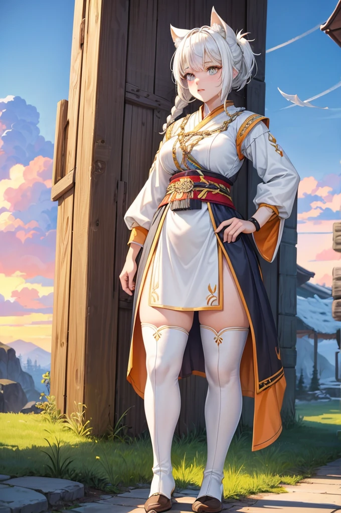 short white hair with white wolf ears, she has a short braided ponytail. She is wearing traditional finnish folk clothes from finland, its like sami clothing. She has a large greatsword on her with her and she is wearing long leather boots. Her body is muscular and strong, wide hips and thick thighs. Now the sun is setting and its time to go home to a snowy village. She has orange eyes, her both eyes are orange.