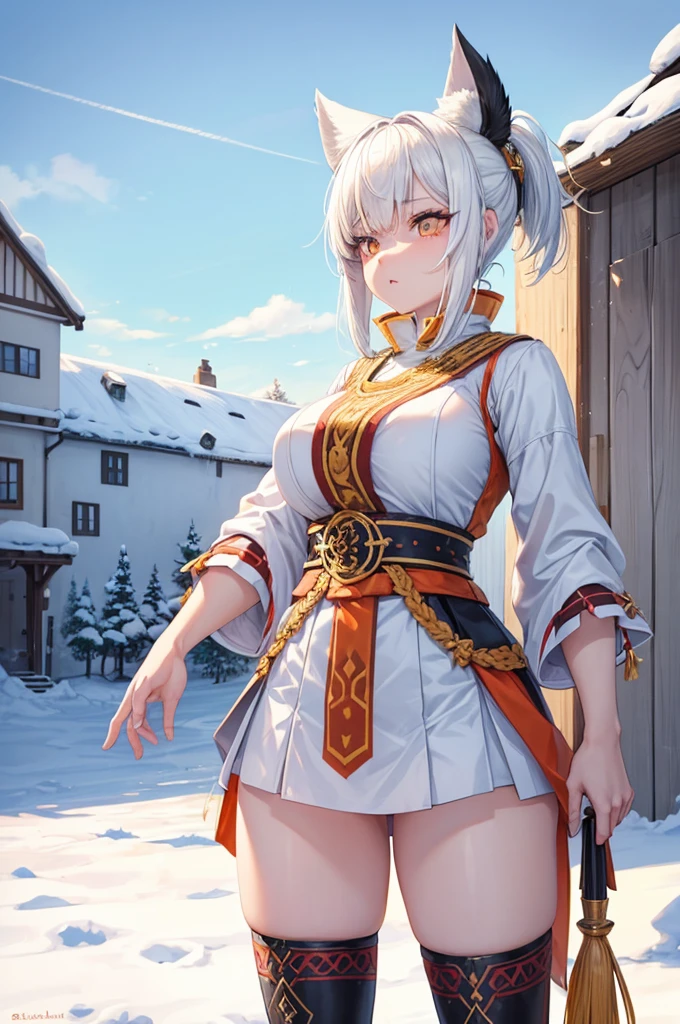 short white hair with white wolf ears, she has a short braided ponytail. She is wearing traditional finnish folk clothes from finland, its like sami clothing. She has a large greatsword on her with her and she is wearing long leather boots. Her body is muscular and strong, wide hips and thick thighs. Now the sun is setting and its time to go home to a snowy village. She has orange eyes, her both eyes are orange.
