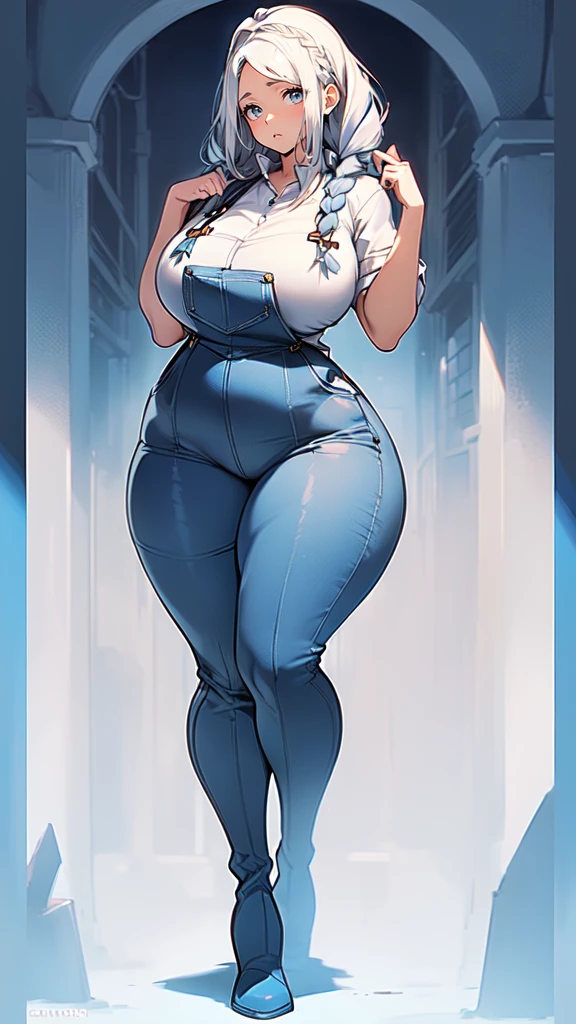 ((blank background)), masterpiece, best quality, silver hair, (curvy:1.7), (massive breast:1), ((full body framing)), (long legs:1.6), symmetry, farmer woman, (blue overalls), long boots, belt below navel, lumberjack shirt, (braided hair)