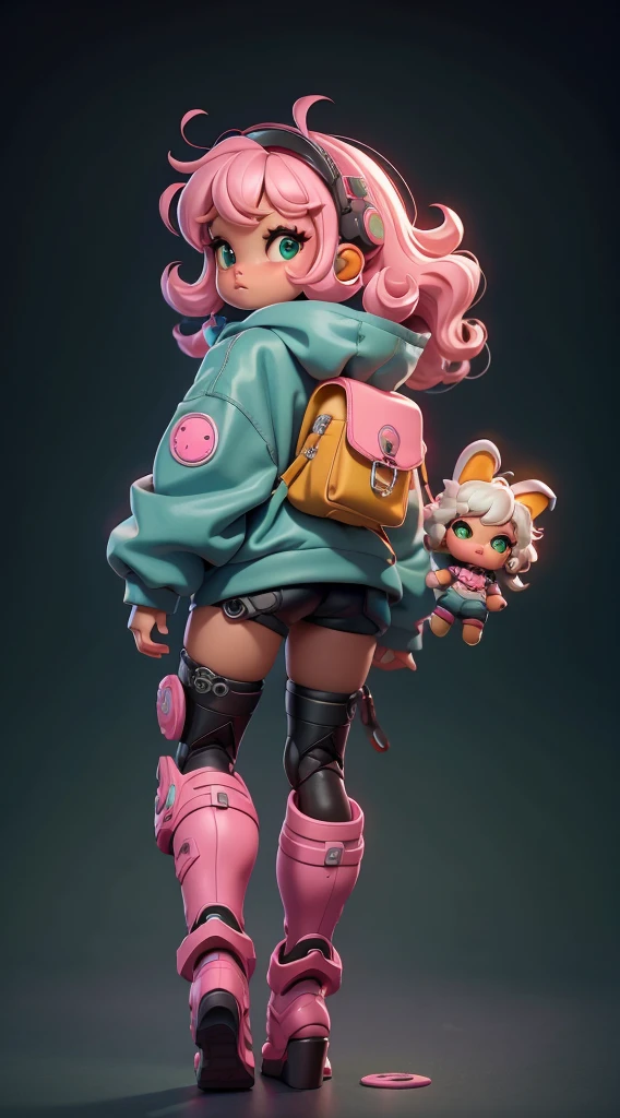 (Same character, front, side, back), (full body);Create a series of cute black afro dolls chibi style afro skin baby style with a cyberpunk theme, each with lots of detail and in an 8K resolution. All dolls should follow the same solid background pattern and be complete in the image. Must have  details. Robot limbs. Must have mechanical legs. She should have wavy and curly hair. Their eyes must be large and apathetic, with long eyelashes and slightly pinkish cheeks. She must secure robot bunnies. Mechanical boots. Be sure to add shadows, textures and details to our hair, clothes, beautiful and mechanical accessories, to make them even more adorable and charming. Use all of the colors listed: pink, white, green, yellow, and orange. She must wear an pink oversized cyberpunk hoodie; add ruffles and pockets to make her cuter.