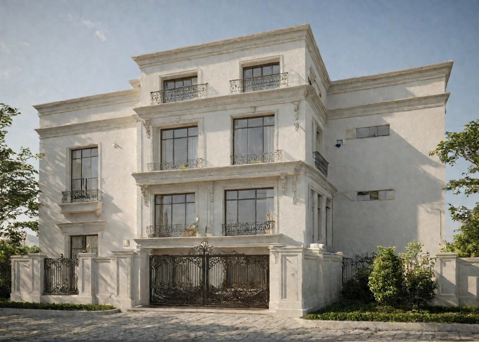 neoclassic house, exterior design, (white wall:1.2), (cornice details, neoclassical relief details), (iron gate), (reflection), window, (focus on object), (Neutral lighting is suitable for the neoclassic house, light color thermometer lighting), (architectural design visualization), (reflection), (focus on object), (material normal bump real reflection), (scattered light), (light ray), (multi-beam light), (sunbeam) (multi-level reflection), (chao vantage software visualization render),(((Best Quality))), ((Masterpiece)), ((best illustration)), ((best shadows)), ((Super Detail)), (Intricate lines), (Photorealism),(hyper detail), ((archdaily)), ((award winning design)), (dynamic light), ((day)), spotlight, (perfect light), (shimering light), ((photorealistic)), ((intricate detail)), ((extreme detail)), ((crazy detail)), ((octane render)), ((trending on artstation)), ((High-fidelity)), ((Viwvid)), ((Crisp)), ((Bright)), ((Stunning)), ((Eye-catching)), ((High-quality)),((Sharp))((Bright)), ((Stunning)), ((natural sun environment)), ((Eye-catching)), ((Illuminating)), ((Flawless)), ((High-quality)),((Sharp edge render)), ((medium soft lighting)), ((photographic render)), ((detailed archviz)), ((reality environment)), (modern townhouse design architectural design facade), (neoclassic house facade roof design), (neoclassic house facade wall design), (neoclassic house facade decoration material design) (neoclassic house facade door and window design), (environmental lighting design), (neoclassic house facade lighting design), (neoclassic house front gate and fence design), (tree decoration design for neoclassic house facade), (Design lights for gate posts and fences), (neoclassic house facade railing design), (level of photo realism, depends on lighting, materials, composition, Real-Time Rendering, based on chao vantage timage rendering graphics software)