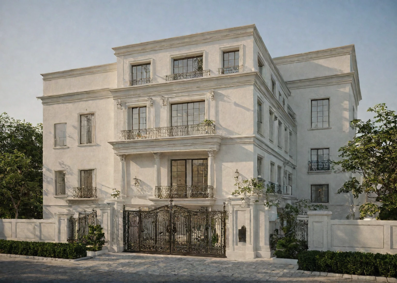 neoclassic house, exterior design, (white wall:1.2), (cornice details, neoclassical relief details), (iron gate), (reflection), window, (focus on object), (Neutral lighting is suitable for the neoclassic house, light color thermometer lighting), (architectural design visualization), (reflection), (focus on object), (material normal bump real reflection), (scattered light), (light ray), (multi-beam light), (sunbeam) (multi-level reflection), (chao vantage software visualization render),(((Best Quality))), ((Masterpiece)), ((best illustration)), ((best shadows)), ((Super Detail)), (Intricate lines), (Photorealism),(hyper detail), ((archdaily)), ((award winning design)), (dynamic light), ((day)), spotlight, (perfect light), (shimering light), ((photorealistic)), ((intricate detail)), ((extreme detail)), ((crazy detail)), ((octane render)), ((trending on artstation)), ((High-fidelity)), ((Viwvid)), ((Crisp)), ((Bright)), ((Stunning)), ((Eye-catching)), ((High-quality)),((Sharp))((Bright)), ((Stunning)), ((natural sun environment)), ((Eye-catching)), ((Illuminating)), ((Flawless)), ((High-quality)),((Sharp edge render)), ((medium soft lighting)), ((photographic render)), ((detailed archviz)), ((reality environment)), (modern townhouse design architectural design facade), (neoclassic house facade roof design), (neoclassic house facade wall design), (neoclassic house facade decoration material design) (neoclassic house facade door and window design), (environmental lighting design), (neoclassic house facade lighting design), (neoclassic house front gate and fence design), (tree decoration design for neoclassic house facade), (Design lights for gate posts and fences), (neoclassic house facade railing design), (level of photo realism, depends on lighting, materials, composition, Real-Time Rendering, based on chao vantage timage rendering graphics software)
