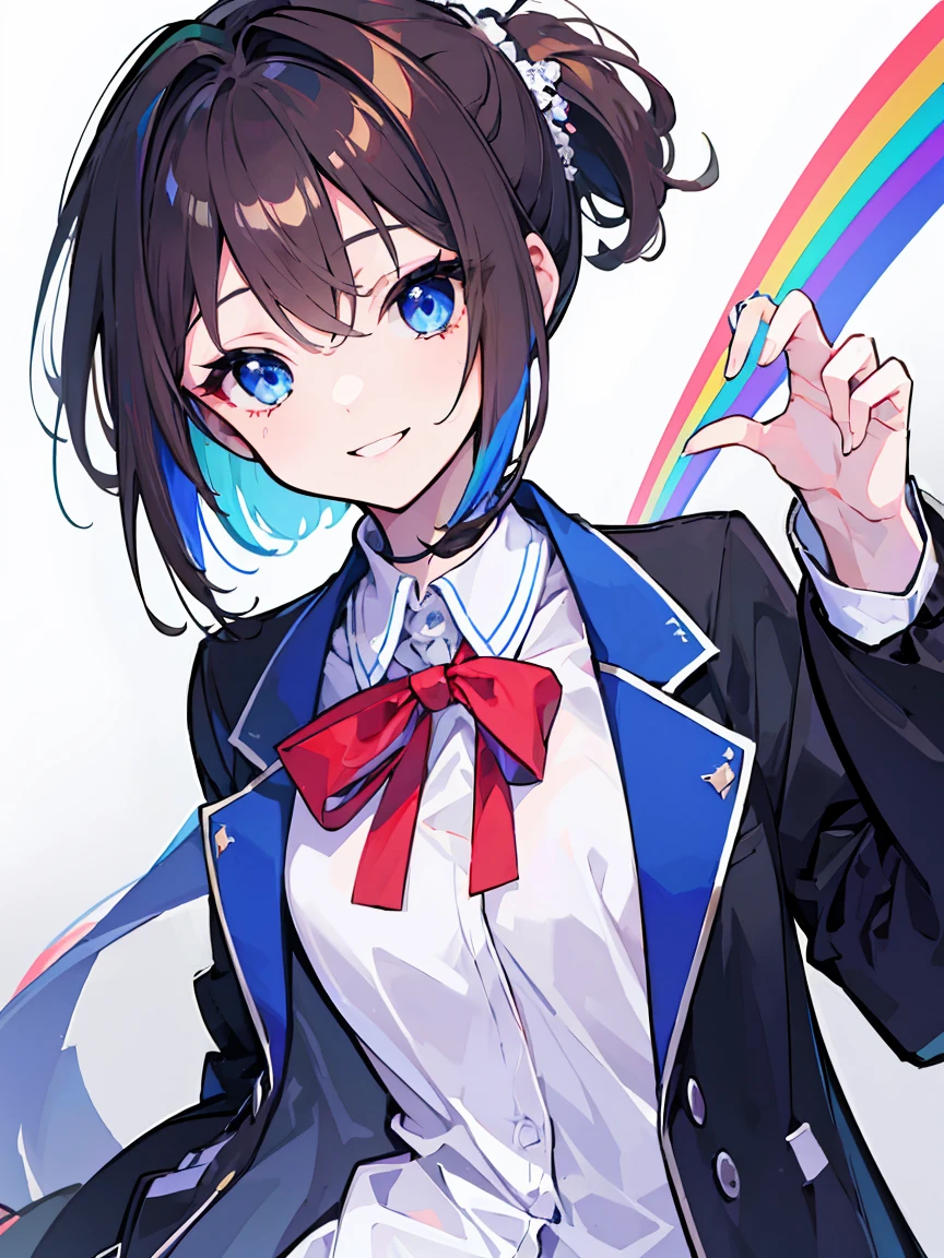 (best quality、masterpiece:1.2) (((1 girl))) Flat chest short hair、blue eyes、Brown hair (vulgar smile) jacket、Ponytail、White shirt, rainbow hair color