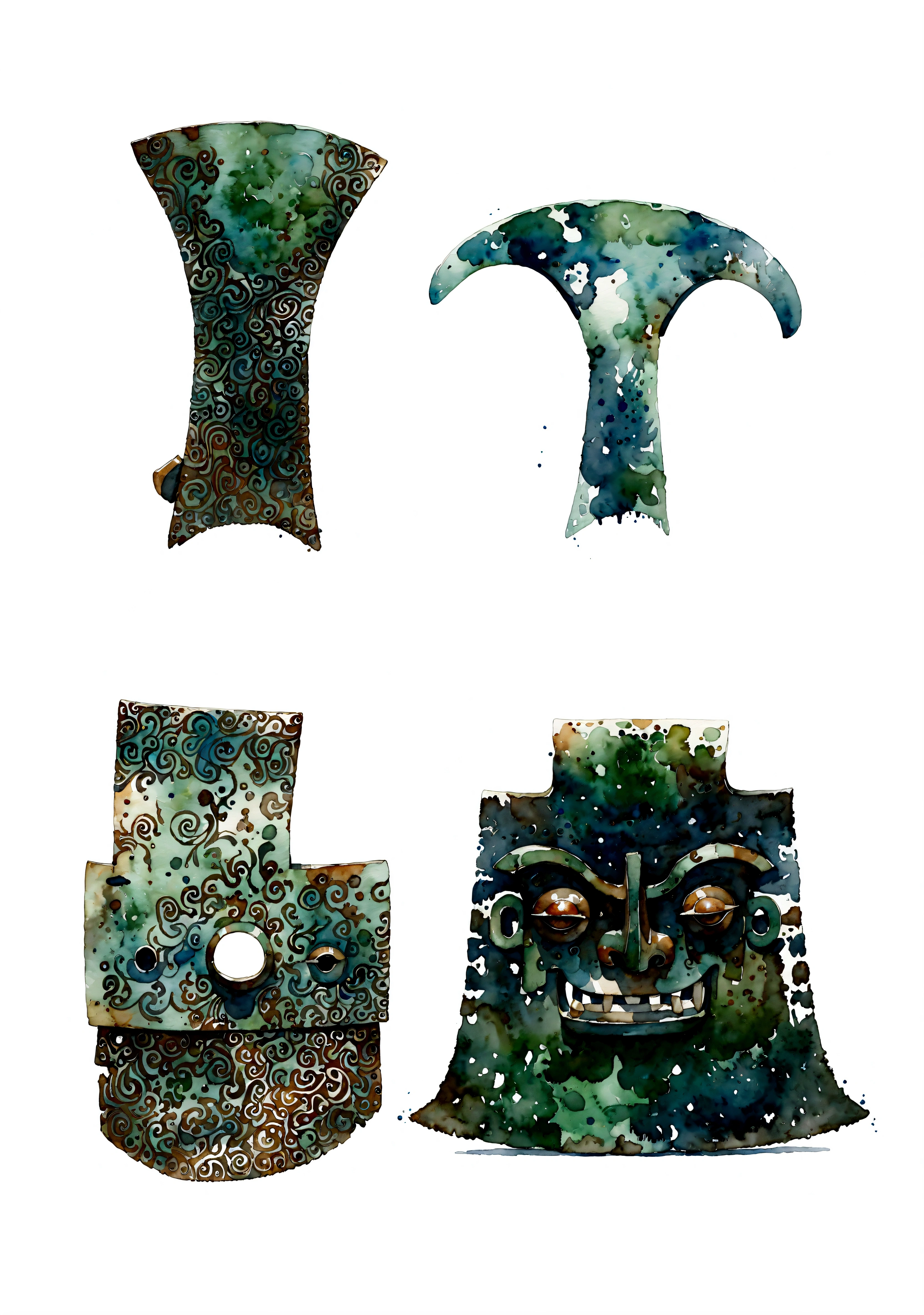 Prehistoric bronze artifacts,Dongshan Bronze Ware, Dongshan Bronze Ware, Bronze headdress, tai traditional bronze axe ,Animal face pattern,Weathered artifacts, White background,author:Randolph Caldecott, (Watercolor, masterpiece, Line Art, Illustration Art, Professional line art, Super complex and detailed, Chinese painting,8K:1.3)