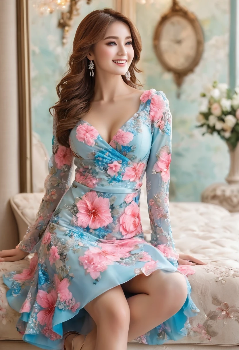 Beautiful girl, white and pink floral dress with blue accents, deep neckline, charming figure, perfect body proportion, fullbody photo, real skin texture, detailed details, super high resolution photography style, natural light, soft background, professional color grading, no contrast, sharp focus, highend quality! A beautiful woman poses in the living room of her luxury home. She is wearing a short skirt that accentuates her long legs. Her eyes sparkle as she smiles at me, showing off her big chest. in the style of a Japanese artist.