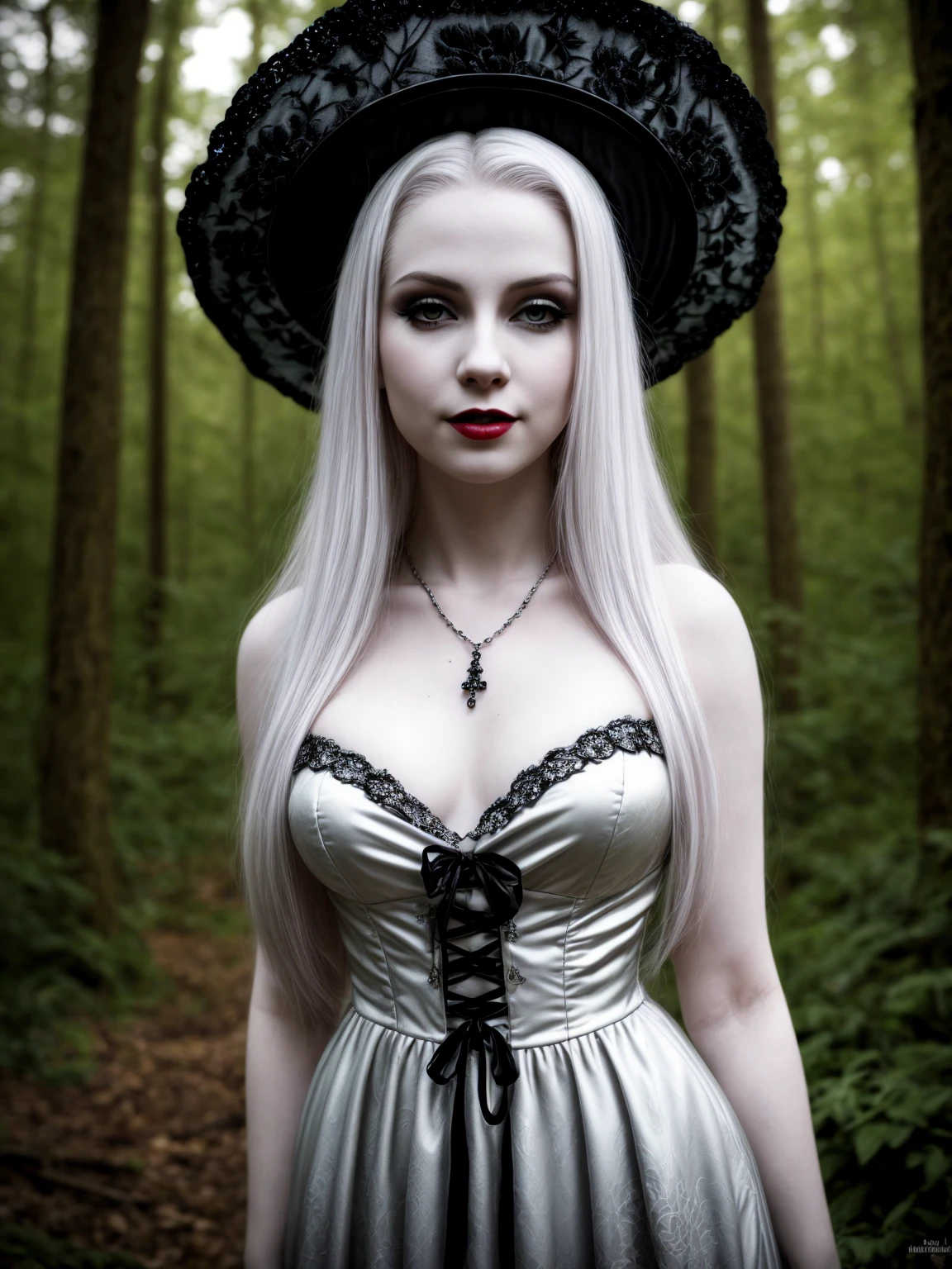 female sexy vampire|albino, pale porcelain skin, sexy vintage black dress, smile, shallow depth of field, grin|creepy, nightfall, detailed face, night, wide hips, narrow waist, portrait of woman standing, detailed eyes, portrait of woman standing, 8k RAW photo, highest quality, looking at the viewer, best shadow, intricate details, long hair, bright eyes, forest, grave, gothic, goth detailed, highres, high qualilty, high saturation