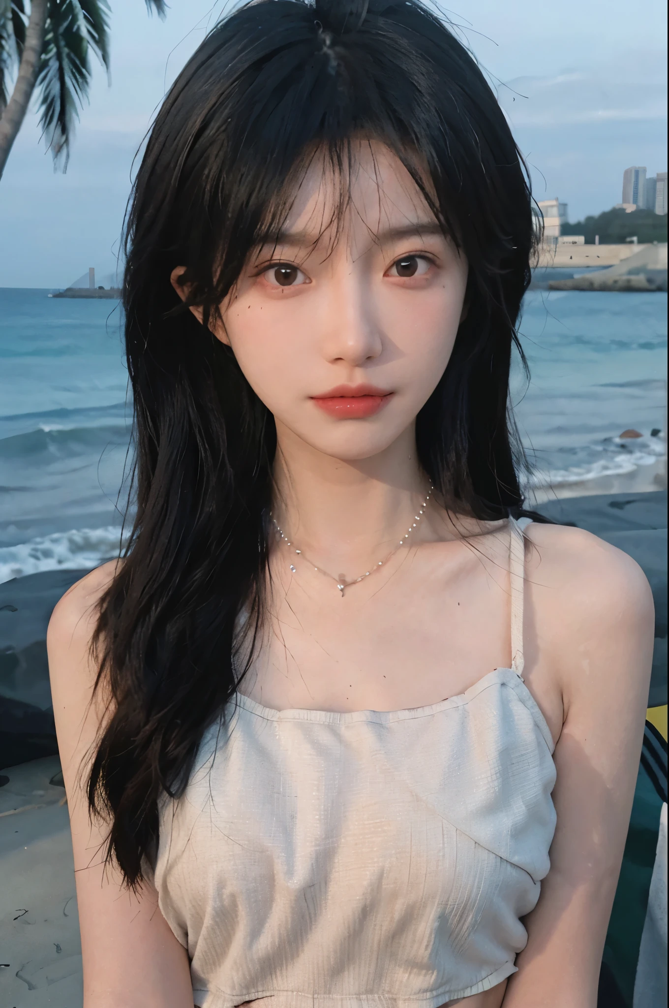Best quality，Ultra-high resolution，（lifelike：1.4），Cute hairpin，1girll，Long curly hair，jk，Blush，Slim beauty：1.4，Visible abdominal muscles，on the beach，Ultra-fine face，Exquisite eyes，Double eyelids，necklace
